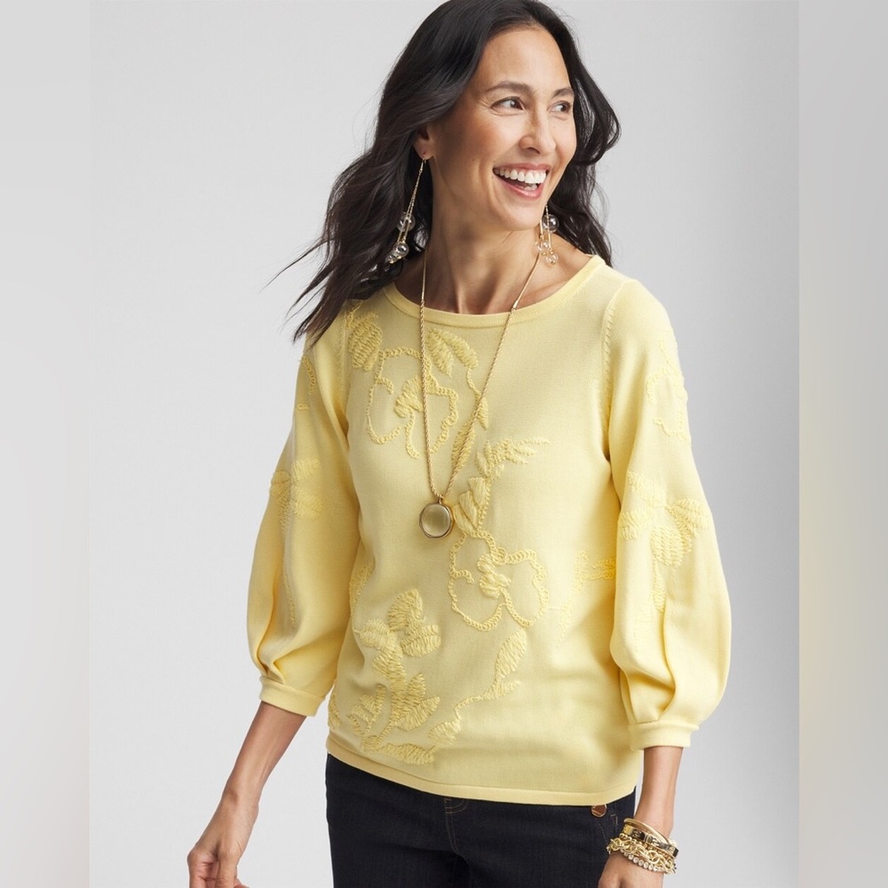 Chico’s Yellow Golden Haze Embroidered Pullover Sweater